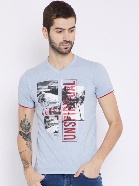 

Duke Men Blue Printed V-Neck T-shirt