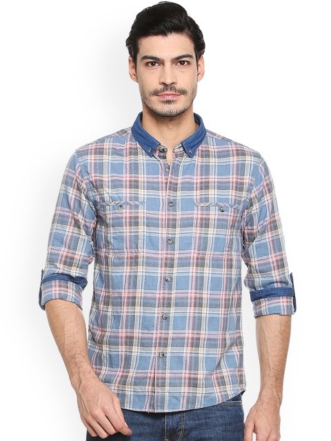 

People Men Blue & Pink Regular Fit Checked Casual Shirt