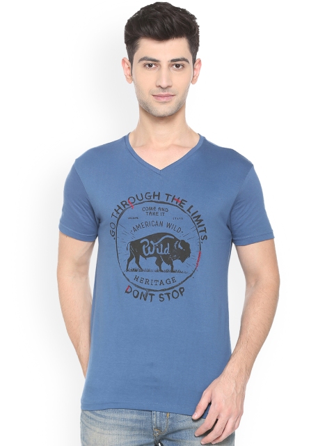 

People Men Blue Printed V-Neck T-shirt