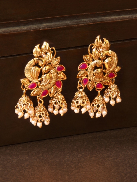 

Rubans Gold-Plated & Pink Peacock Shaped Kundan Studded Handcrafted Jhumkas