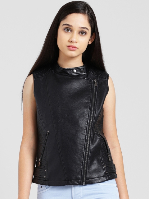 

Zink London Women Black Solid Sleeveless Biker Jacket