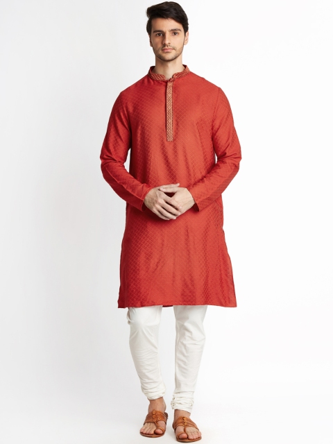 

indus route by Pantaloons Men Rust & Orange Woven Design Straight Kurta