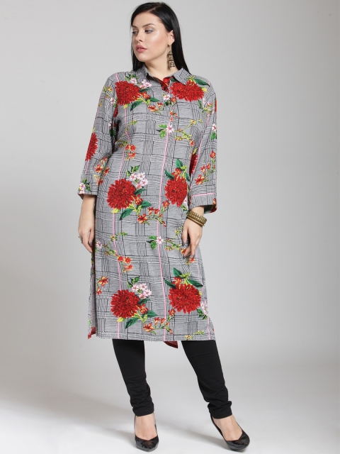 

plusS Women White & Black Printed Straight Kurta