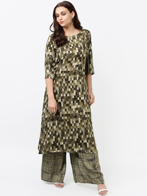 

La Firangi Women Green & White Printed Kurta with Palazzos