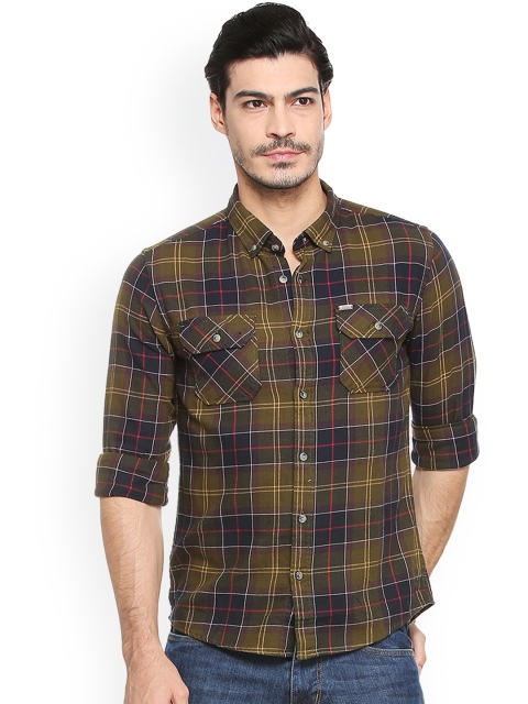 

People Men Olive Green & Blue Regular Fit Checked Casual Shirt