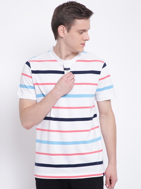 

Soul Space Men White Striped Henley Neck T-shirt