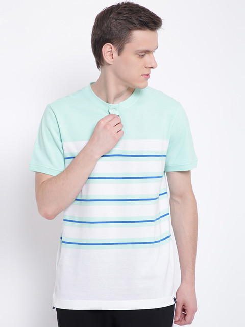 

Soul Space Men Sea Green Striped Henley Neck T-shirt