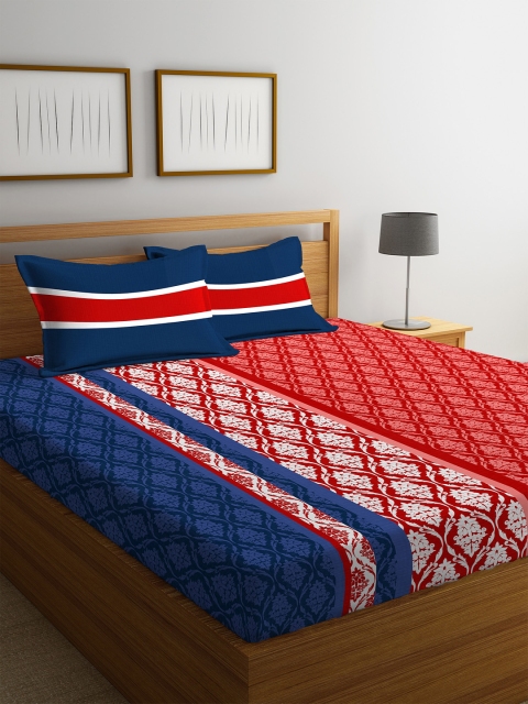 

Portico New York Red & Blue Ethnic Motifs Flat 144 TC Cotton 1 Queen Bedsheet with 2 Pillow Covers