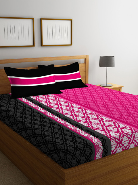 

Portico New York Pink & Black Ethnic Motifs Flat 144 TC Cotton 1 Queen Bedsheet with 2 Pillow Covers