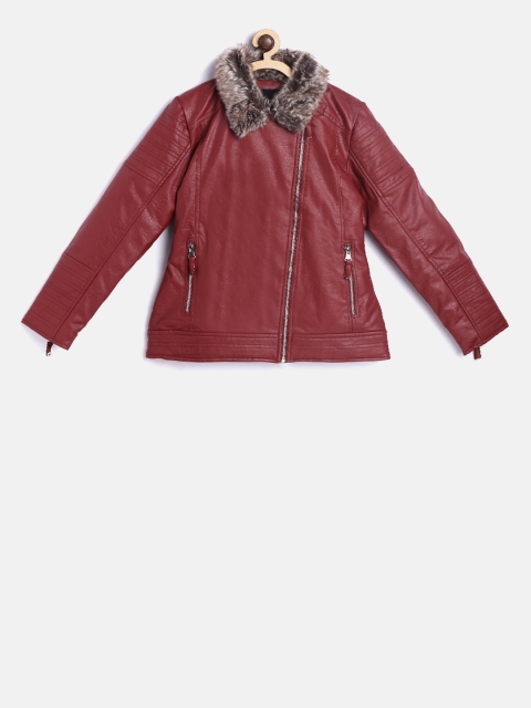 

Okane Girls Maroon Solid Biker Jacket