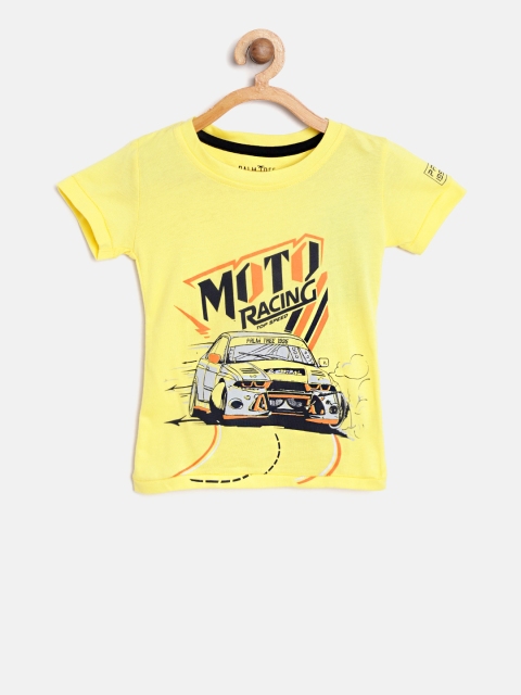

Palm Tree Boys Yellow Navy Blue Printed Round Neck Pure Cotton T-shirt