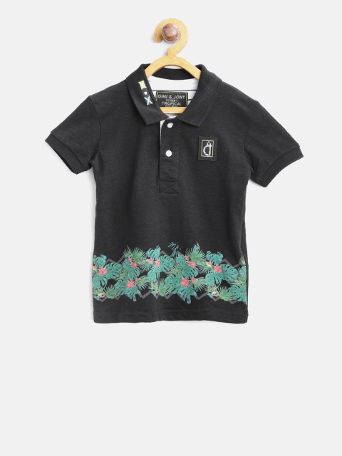 

Gini and Jony Boys Black Printed Polo Collar T-shirt with applique Detail