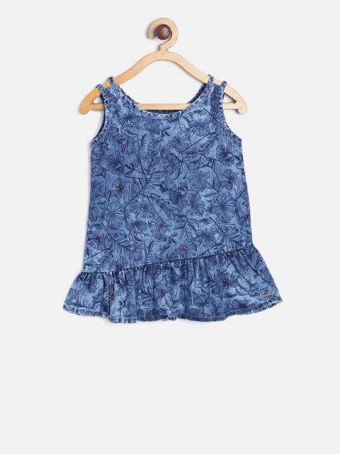 

Gini and Jony Girls Navy Blue Printed A-Line Pure Cotton Top