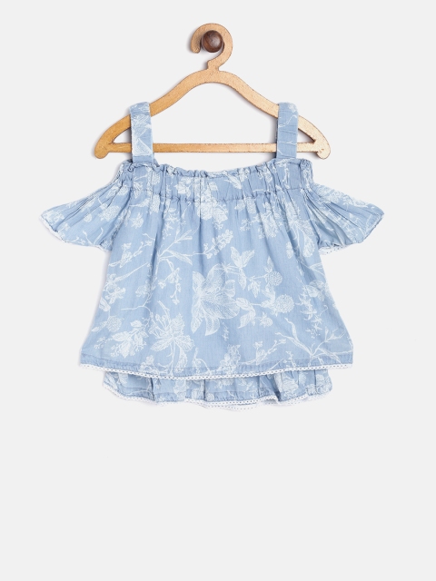 

Gini and Jony Girls Blue Printed Bardot Pure Cotton Top