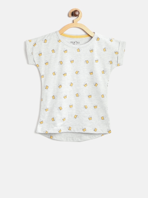 

Palm Tree Girls Grey Melange & Yellow Printed Round Neck T-shirt