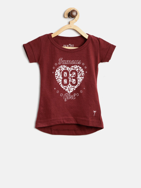 

Palm Tree Girls Maroon Printed Round Neck Pure Cotton T-shirt