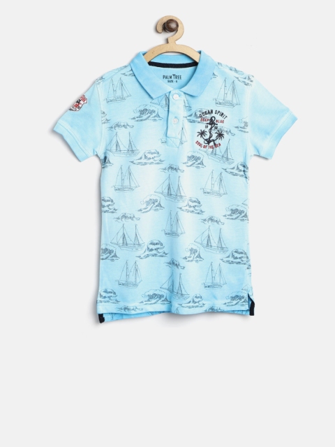 

Palm Tree Boys Blue & Black Printed Polo Collar T-shirt