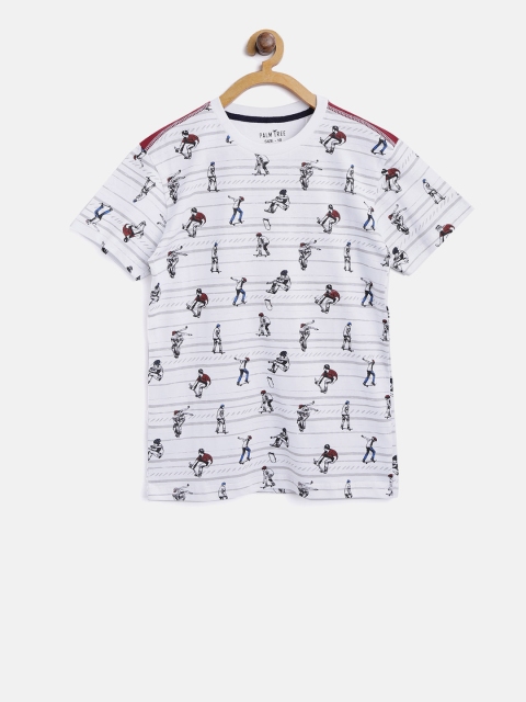 

Palm Tree Boys White Printed Round Neck T-shirt with Striped Detail