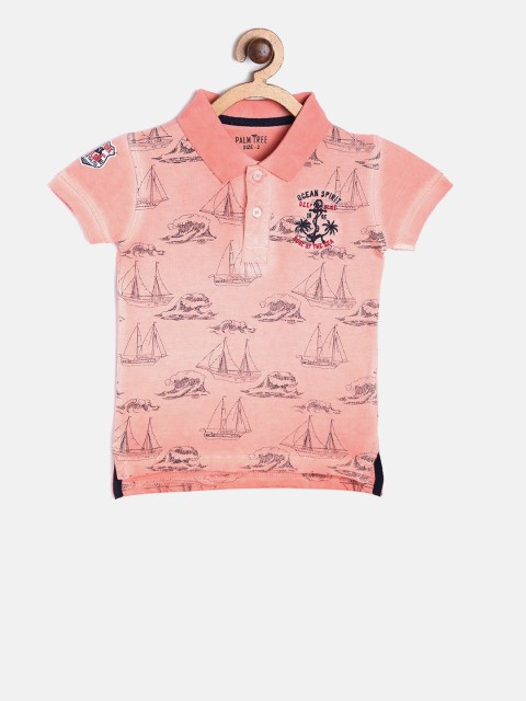 

Palm Tree Boys Peach-Coloured Printed Polo Collar T-shirt