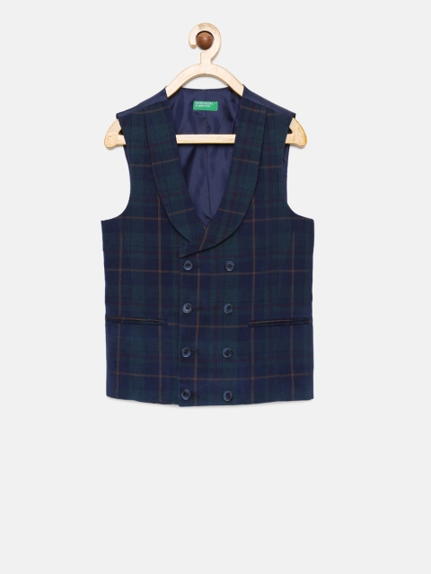 

United Colors of Benetton Boys Navy Blue Checked Pure Cotton Waistcoat