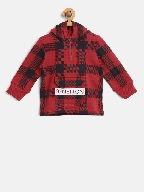 

United Colors of Benetton Boys Red & Black Checked Hooded Sweatshirt