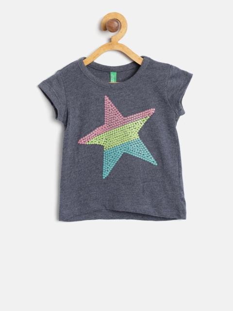 

United Colors of Benetton Girls Navy Printed Round Neck T-shirt, Navy blue