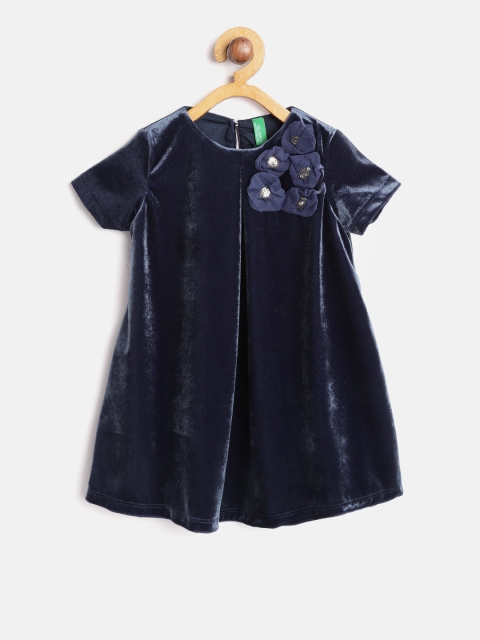 

United Colors of Benetton Girls Navy Velvet Finish Solid A-Line Dress, Navy blue