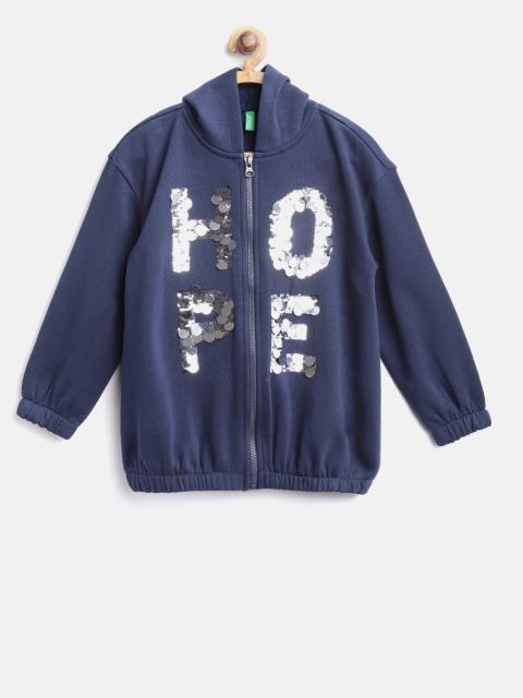 

United Colors of Benetton Girls Navy Blue Printed Hooded Sweatshirt