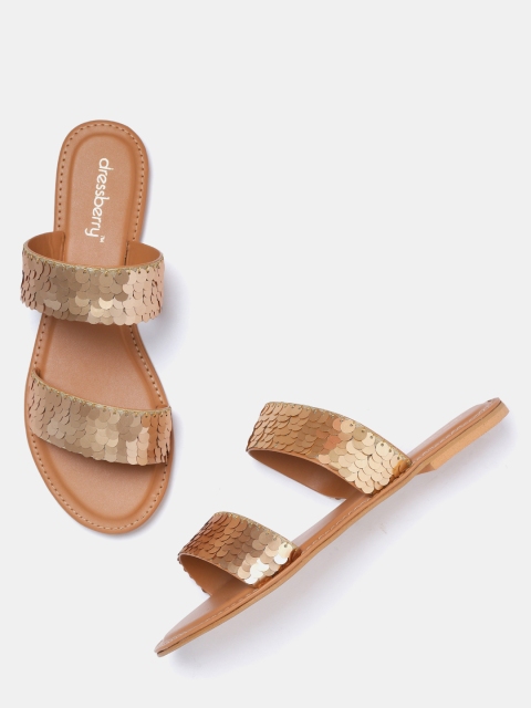 

DressBerry Women Rose Gold-Toned Embellished Open Toe Flats