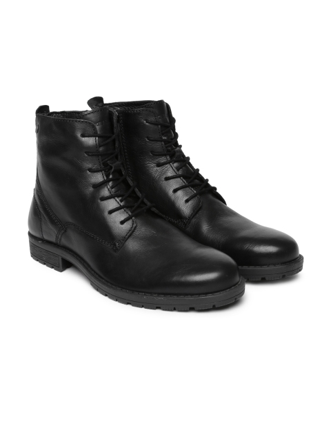 

Jack & Jones Men Black Solid Leather High-Top Flat Boots