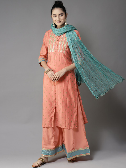 

Moda Rapido Women Peach-Coloured & Golden Printed Kurta with Palazzos & Dupatta