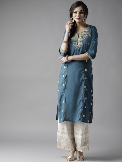 

Moda Rapido Women Teal Blue Embellished Straight Kurta