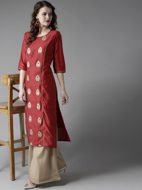 

Moda Rapido Women Red & Golden Embellished Straight Kurta