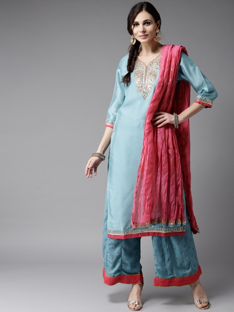 

Moda Rapido Women Blue & Magenta Yoke Design Kurta with Palazzos & Dupatta