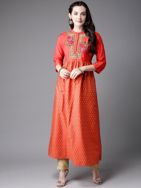

Moda Rapido Women Red & Golden Printed A-Line Kurta