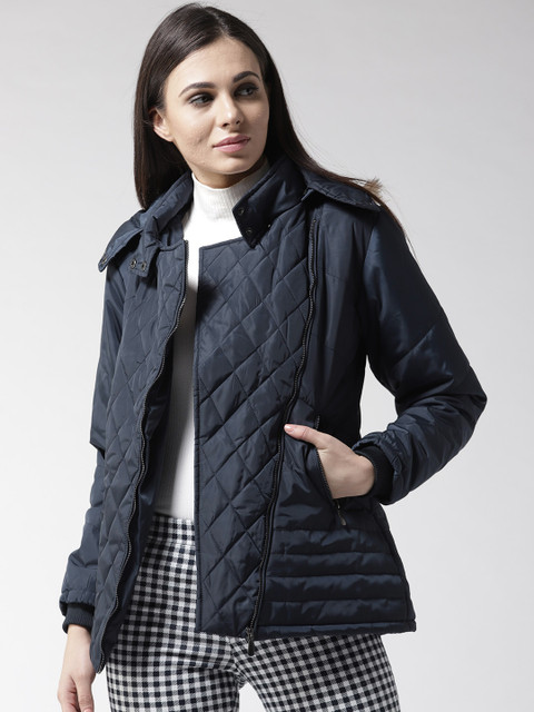 

Fort Collins Women Navy Blue Solid Asymmetric Closure Hooded Parka Jacket