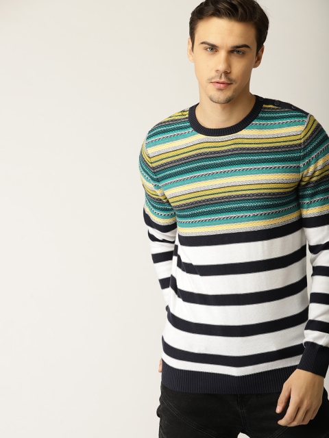 

United Colors of Benetton Men White & Navy Blue Striped Pullover