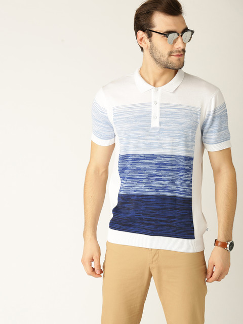 

United Colors of Benetton Men White Striped Polo Collar T-shirt