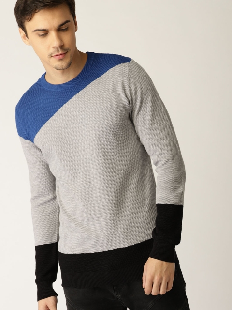 

United Colors of Benetton Men Grey & Blue Colourblocked Pullover