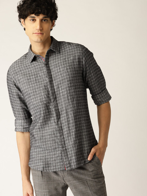 

United Colors of Benetton Men Charcoal Grey Slim Fit Self Design Casual Shirt