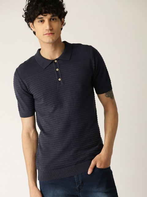 

United Colors of Benetton Men Navy Self-Striped Polo Collar Pure Cotton T-shirt, Navy blue