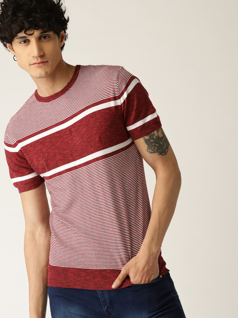 

United Colors of Benetton Men Maroon & White Striped Round Neck T-shirt