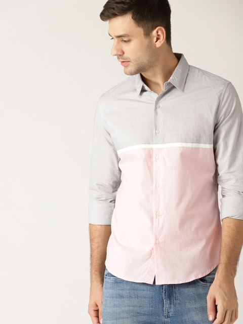 

United Colors of Benetton Men Pink & Grey Slim Fit Colourblocked Casual Shirt
