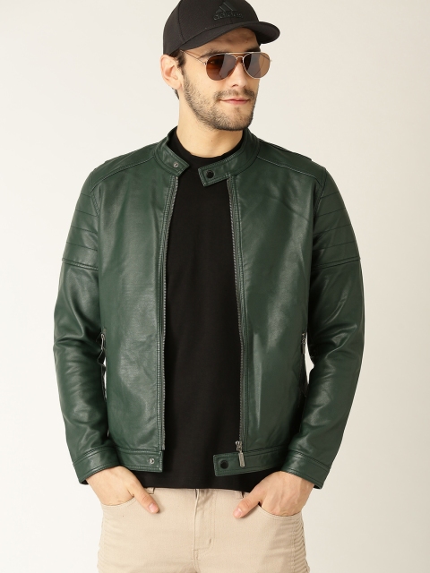 

United Colors of Benetton Men Green Solid Biker Jacket