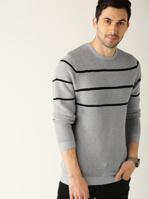 

United Colors of Benetton Men Grey Melange Self Striped Pullover