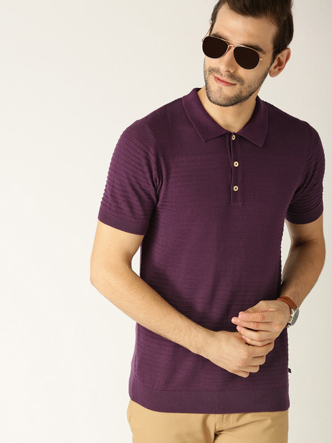 

United Colors of Benetton Men Purple Self Striped Polo Collar T-shirt