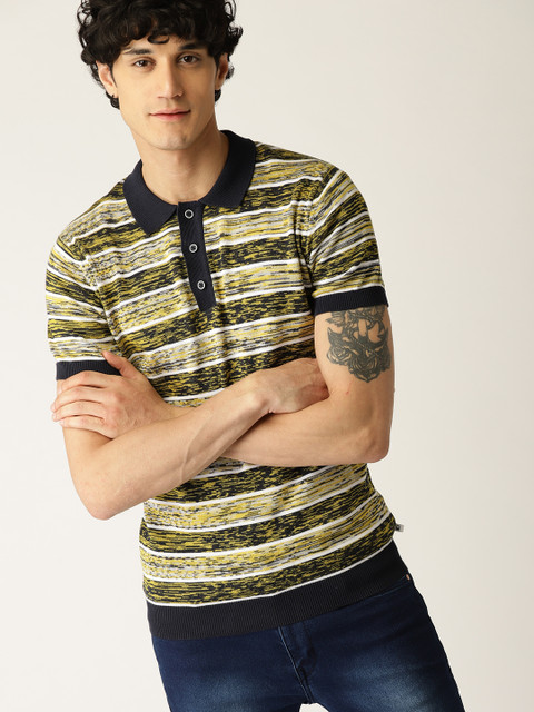 

United Colors of Benetton Men Yellow & Navy Blue Striped Polo Collar T-shirt