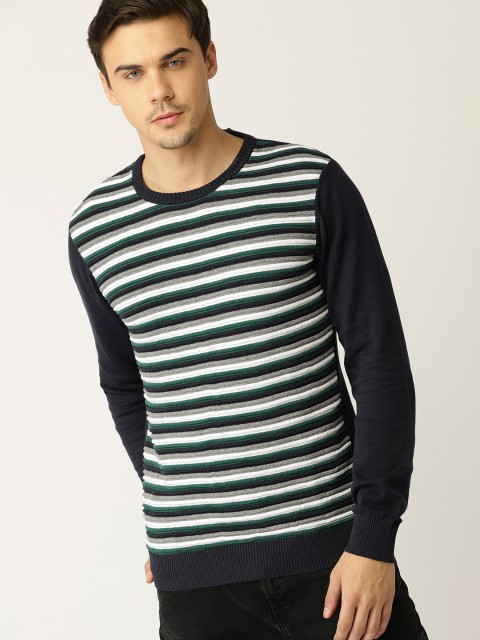 

United Colors of Benetton Men Navy Blue & White Striped Pullover