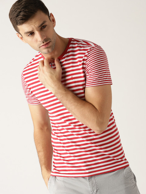 

United Colors of Benetton Men White & Red Striped Henley Neck T-shirt