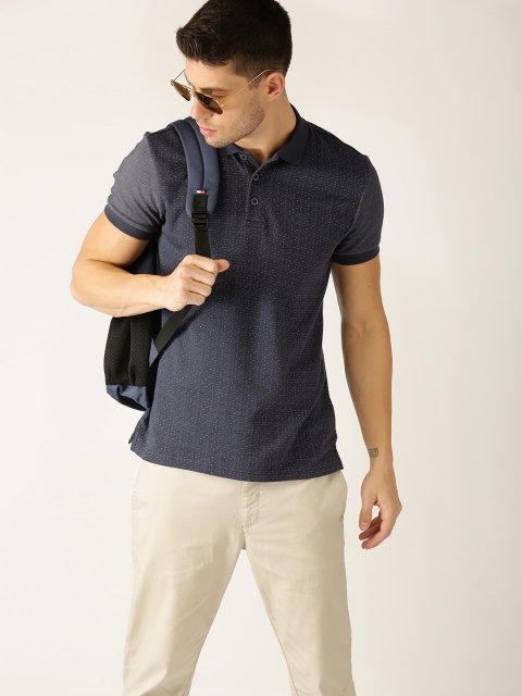 

United Colors of Benetton Men Navy Blue Self Design Polo Collar T-shirt